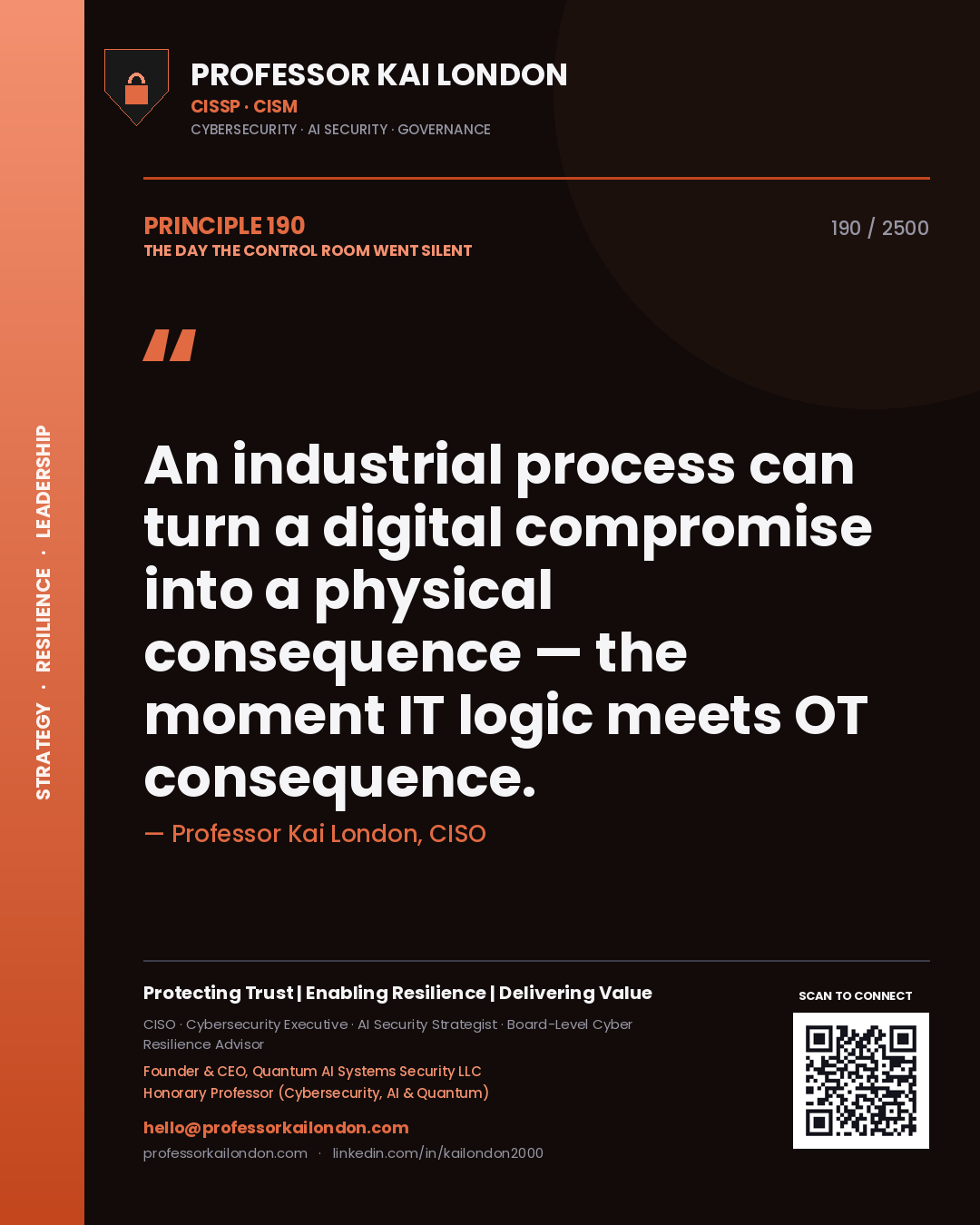 Quote card by Professor Kai London reading 'An industrial process can turn a digital compromise into a physical consequence — the moment IT logic meets OT consequence.'. From the book The Day the Control Room Went Silent.