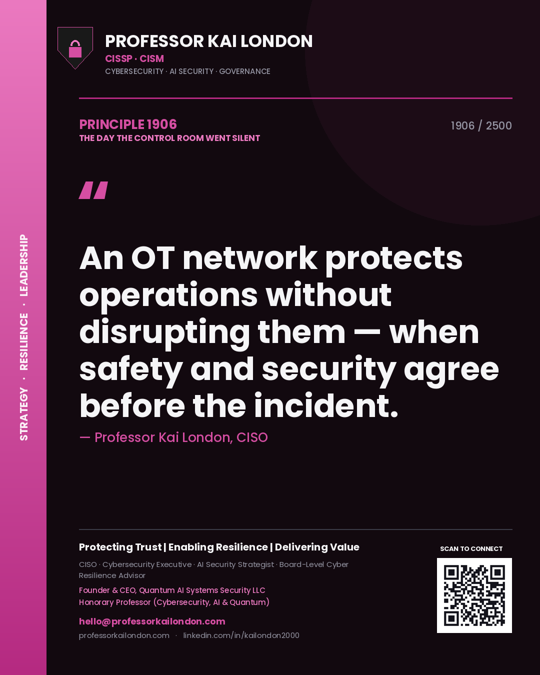 Quote card by Professor Kai London reading 'An OT network protects operations without disrupting them — when safety and security agree before the incident.'. From the book The Day the Control Room Went Silent.