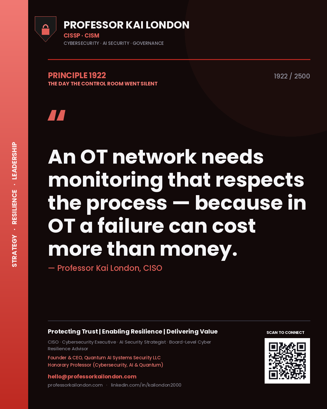 Professor Kai London principle 1922: An OT network needs monitoring that respects the process — because in OT a failure can cost more than money.