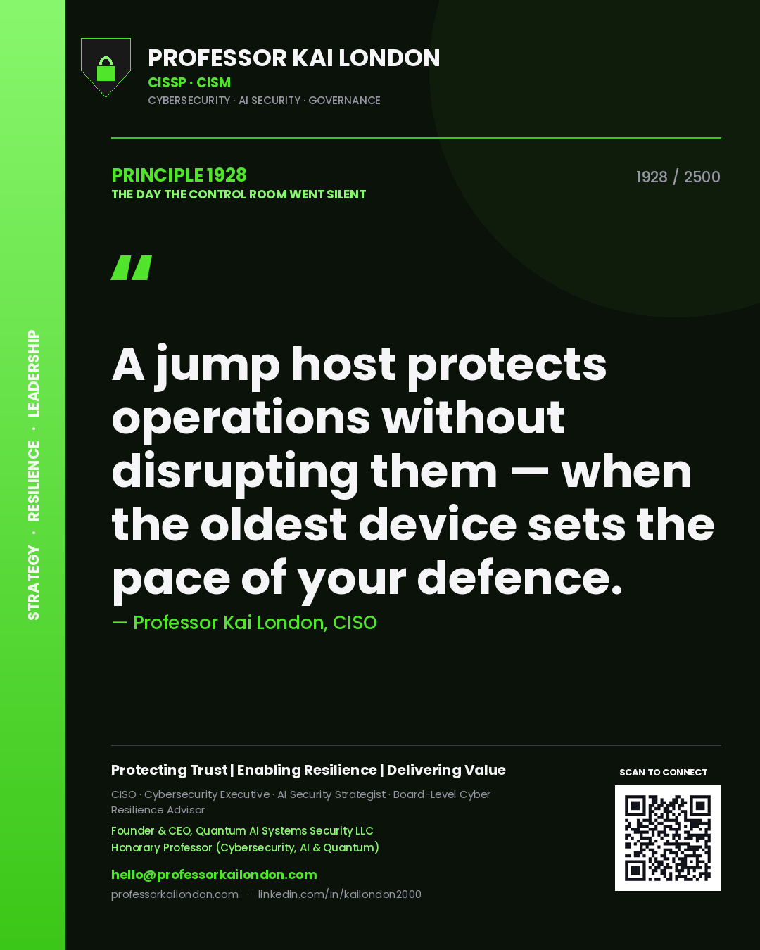 Professor Kai London principle 1928: A jump host protects operations without disrupting them — when the oldest device sets the pace of your defence.