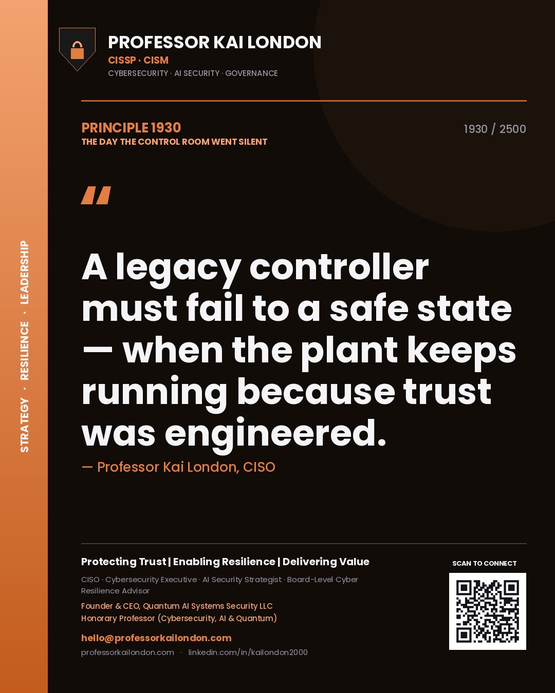Quote card by Professor Kai London reading 'A legacy controller must fail to a safe state — when the plant keeps running because trust was engineered.'. From the book The Day the Control Room Went Silent.