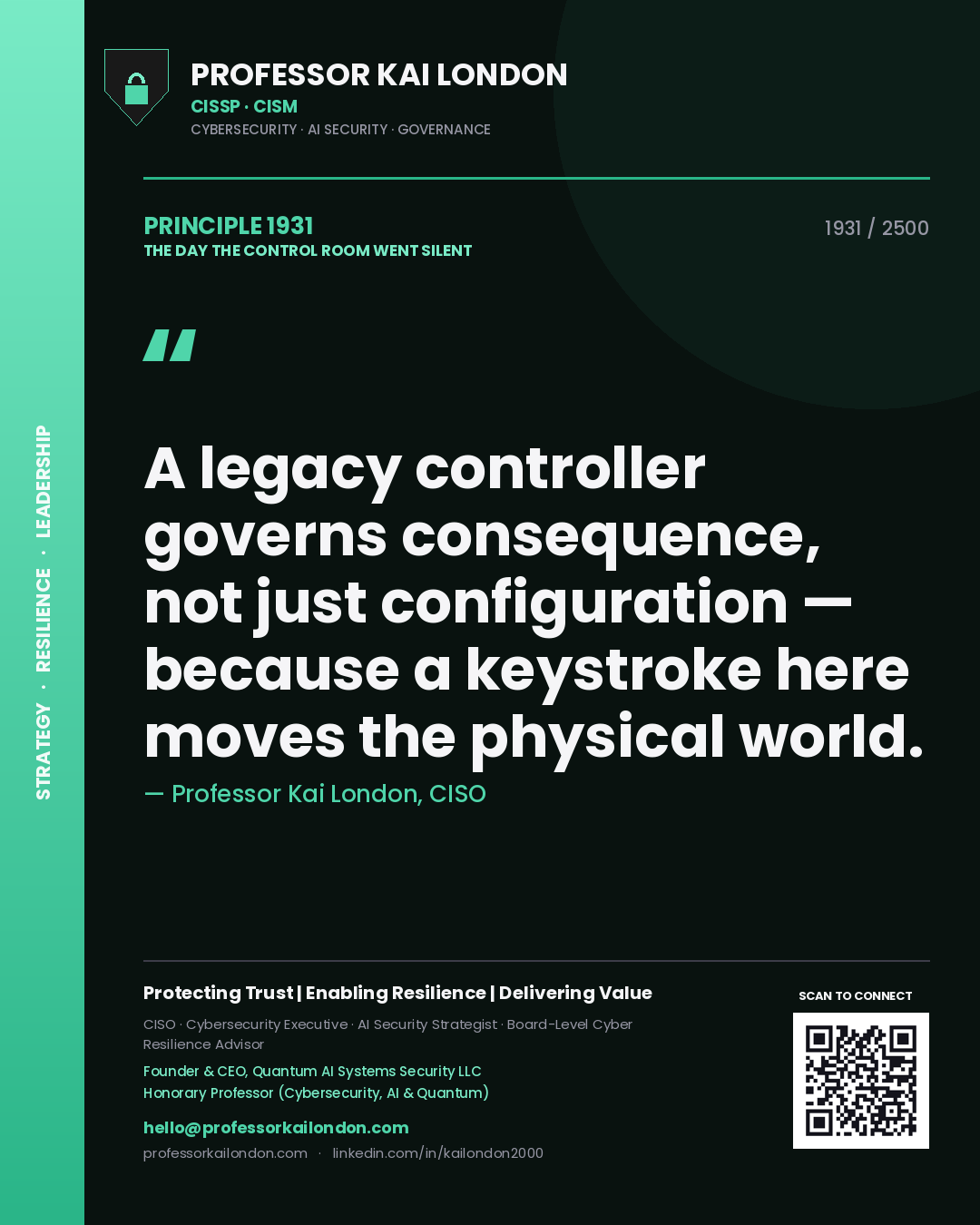 Quote card by Professor Kai London reading 'A legacy controller governs consequence, not just configuration — because a keystroke here moves the physical world.'. From the book The Day the Control Room Went Silent.