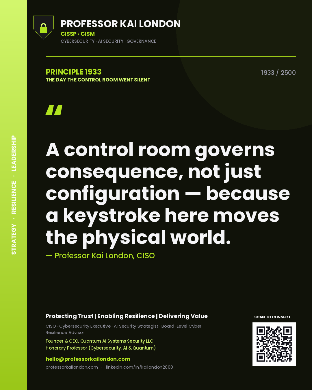 Quote card by Professor Kai London reading 'A control room governs consequence, not just configuration — because a keystroke here moves the physical world.'. From the book The Day the Control Room Went Silent.