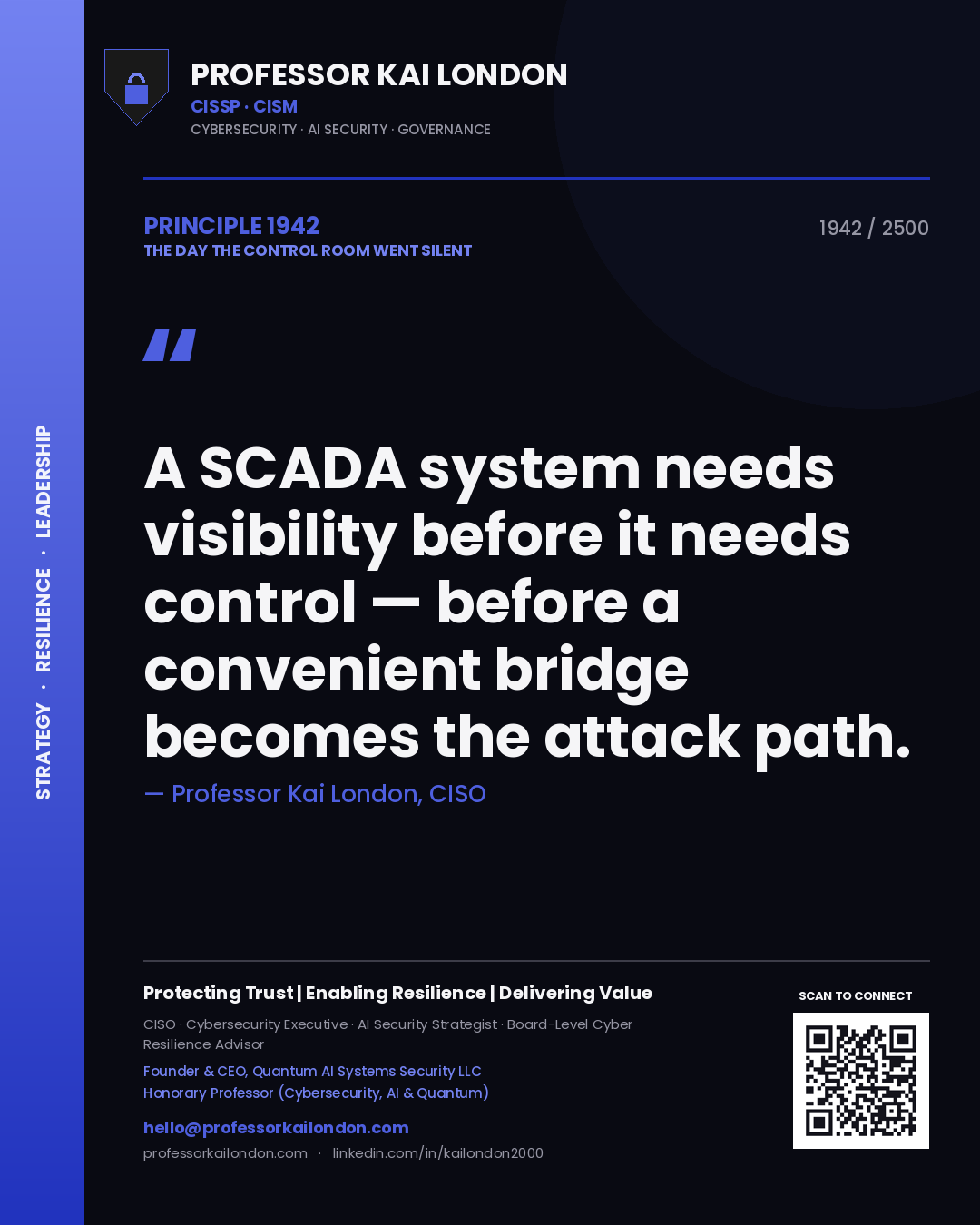 Quote card by Professor Kai London reading 'A SCADA system needs visibility before it needs control — before a convenient bridge becomes the attack path.'. From the book The Day the Control Room Went Silent.