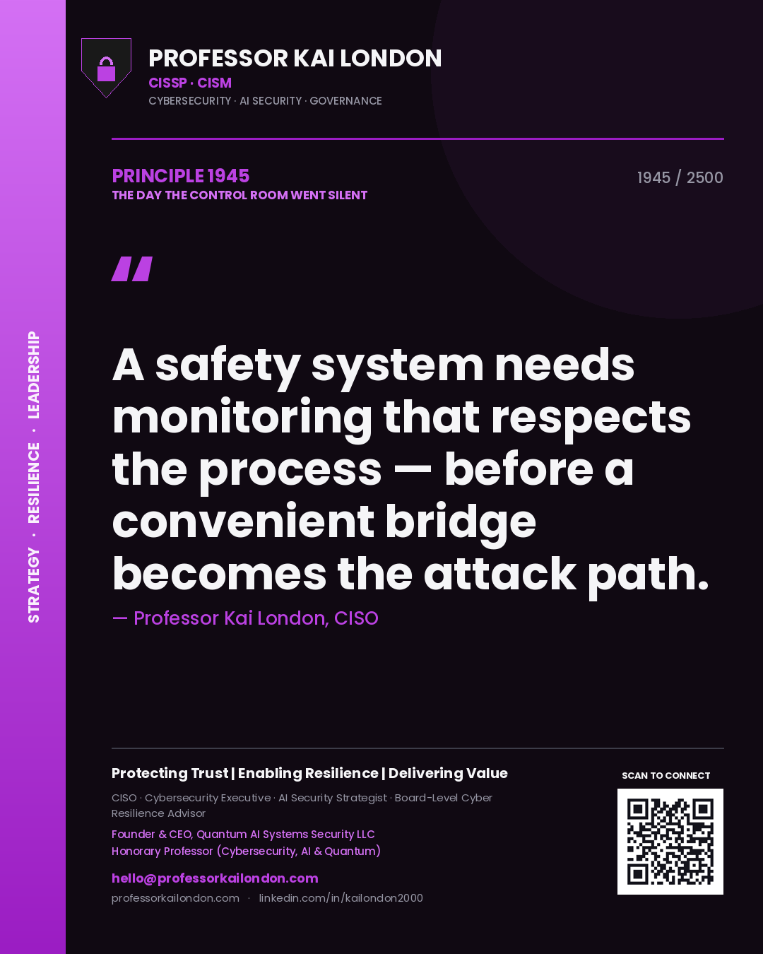 Professor Kai London principle 1945: A safety system needs monitoring that respects the process — before a convenient bridge becomes the attack path.