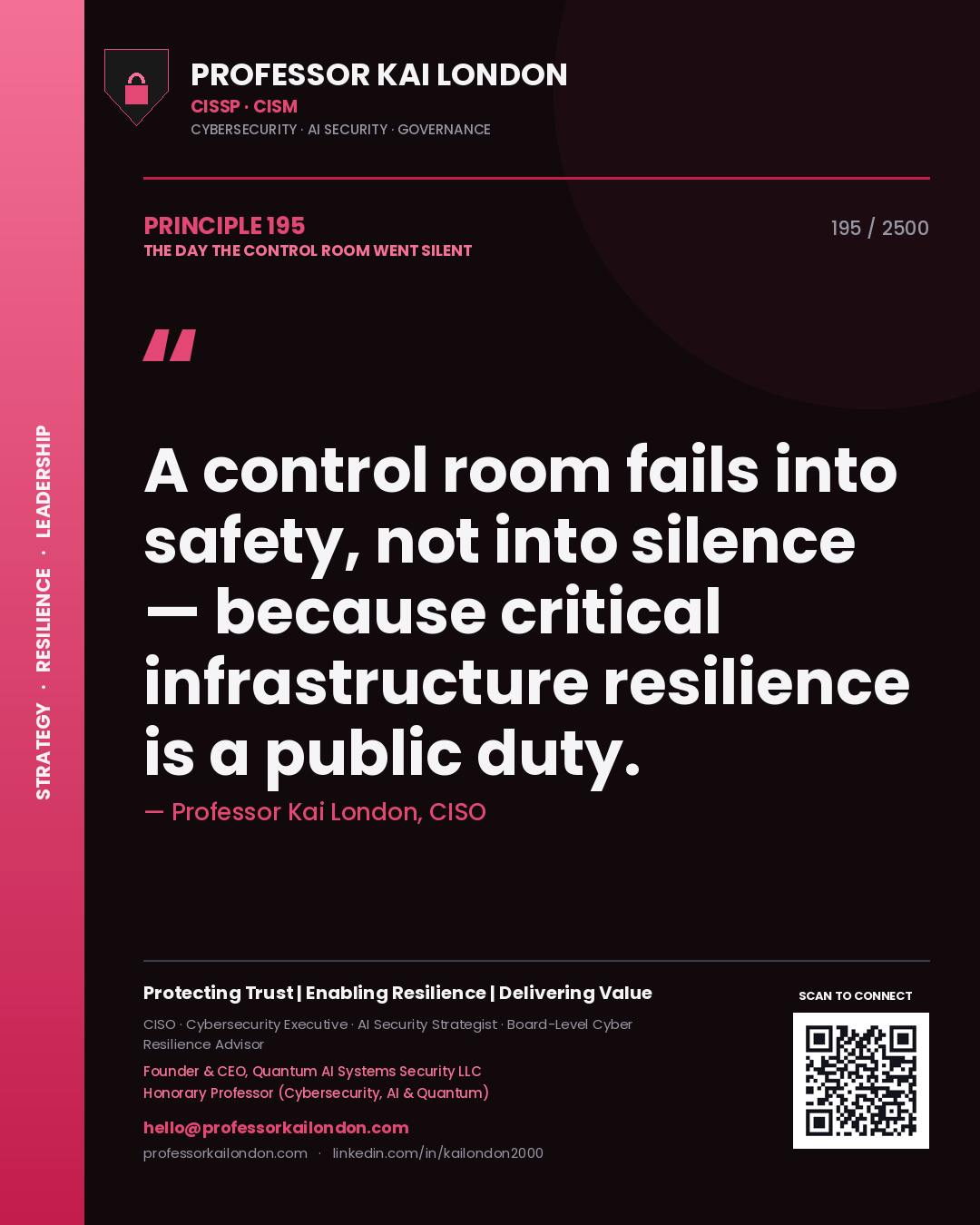 Quote card by Professor Kai London reading 'A control room fails into safety, not into silence — because critical infrastructure resilience is a public duty.'. From the book The Day the Control Room Went Silent.