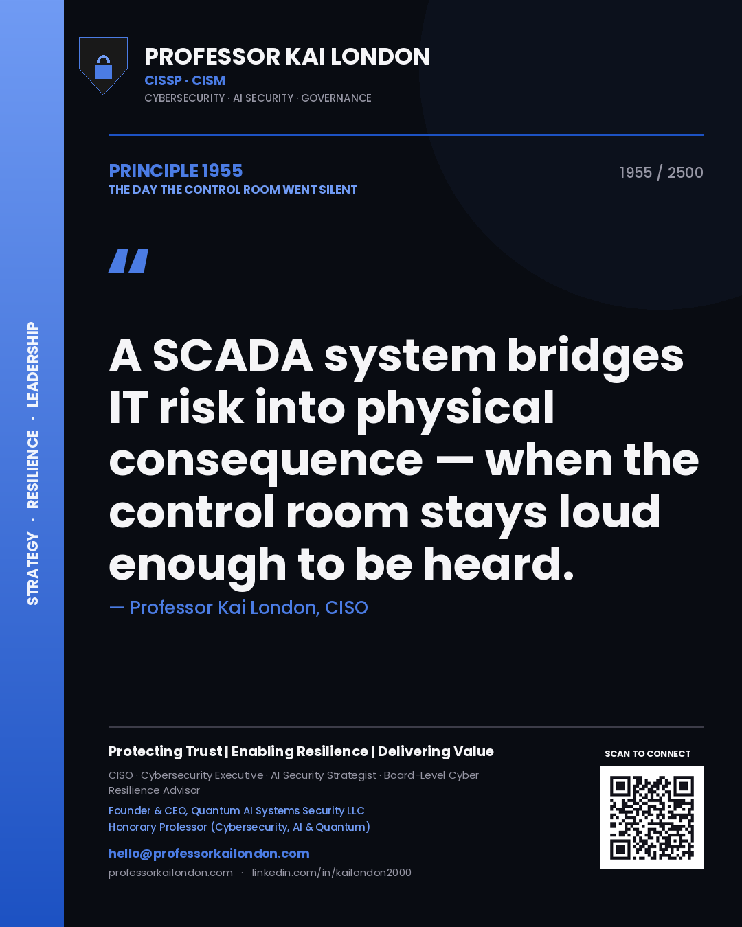 Professor Kai London principle 1955: A SCADA system bridges IT risk into physical consequence — when the control room stays loud enough to be heard.