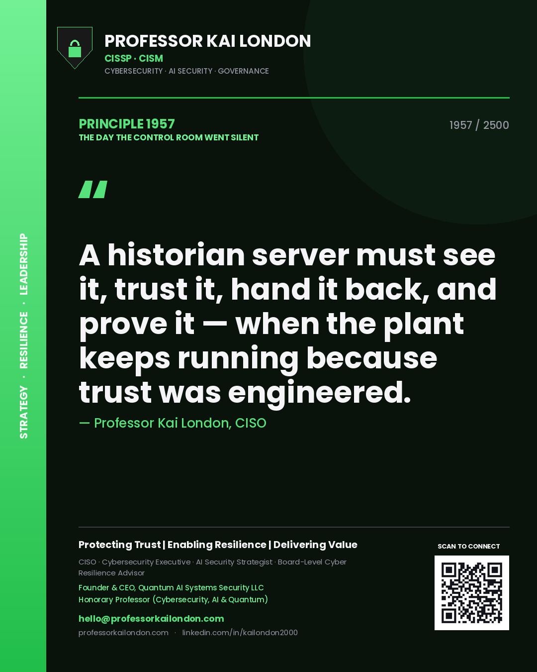 Quote card by Professor Kai London reading 'A historian server must see it, trust it, hand it back, and prove it — when the plant keeps running because trust was engineered.'. From the book The Day the Control Room Went Silent.