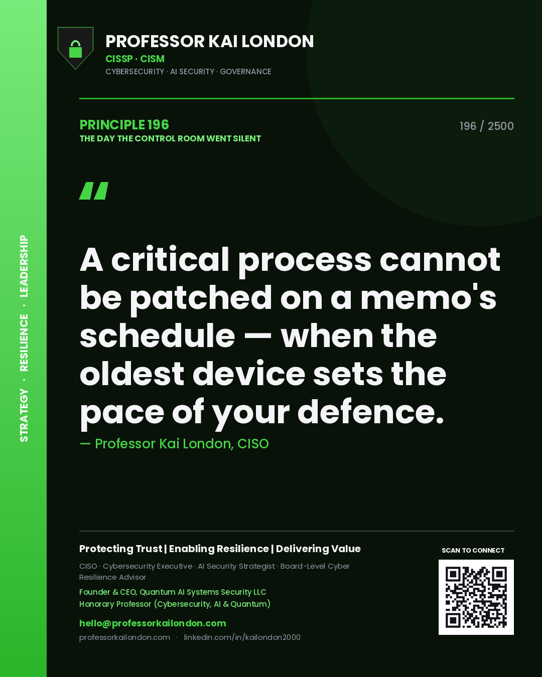 Quote card by Professor Kai London reading 'A critical process cannot be patched on a memo's schedule — when the oldest device sets the pace of your defence.'. From the book The Day the Control Room Went Silent.