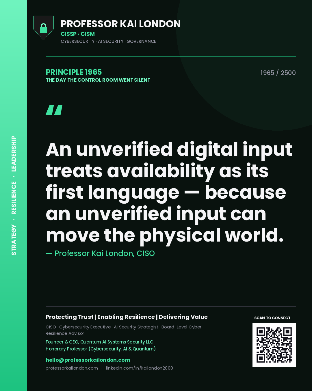 Professor Kai London principle 1965: An unverified digital input treats availability as its first language — because an unverified input can move the physical world.