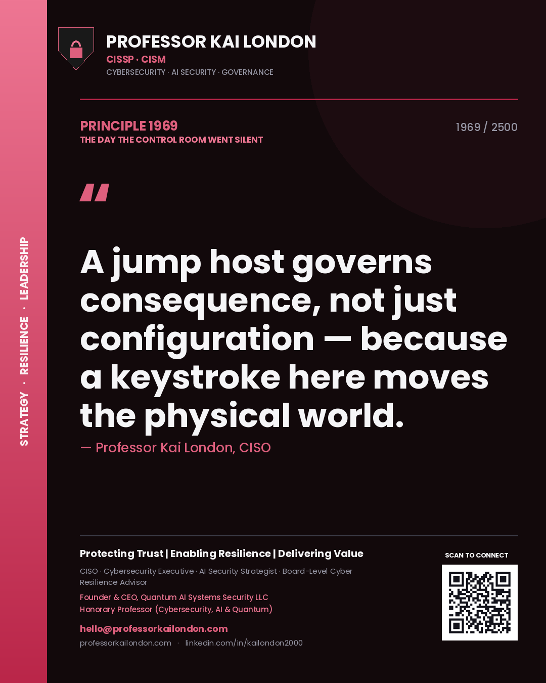 Professor Kai London principle 1969: A jump host governs consequence, not just configuration — because a keystroke here moves the physical world.