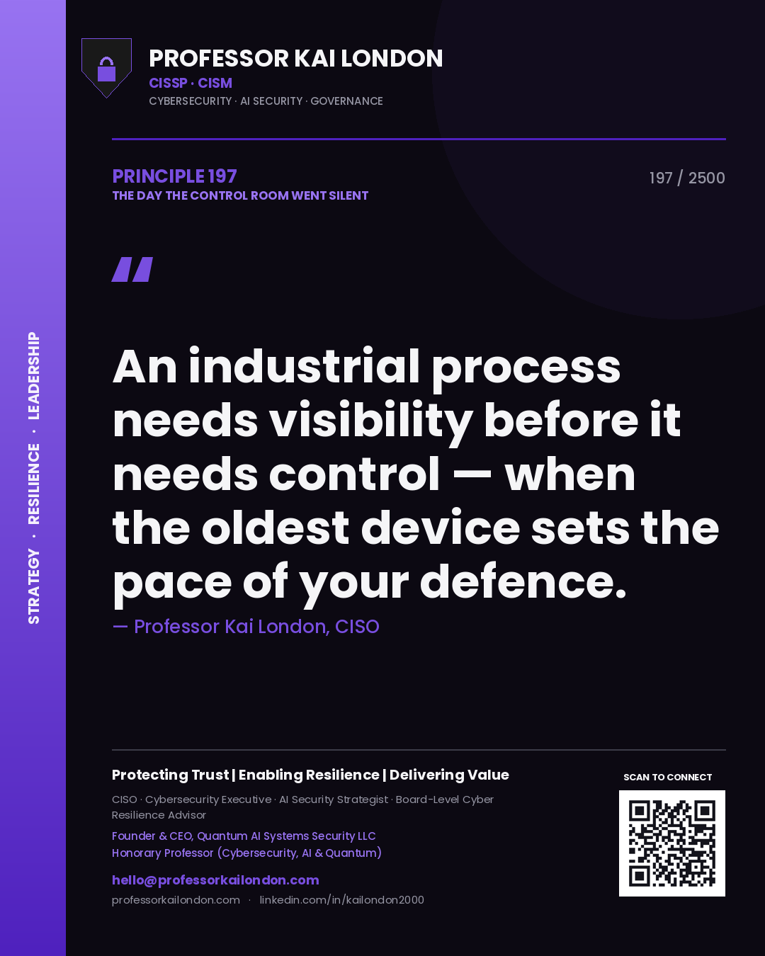 Quote card by Professor Kai London reading 'An industrial process needs visibility before it needs control — when the oldest device sets the pace of your defence.'. From the book The Day the Control Room Went Silent.