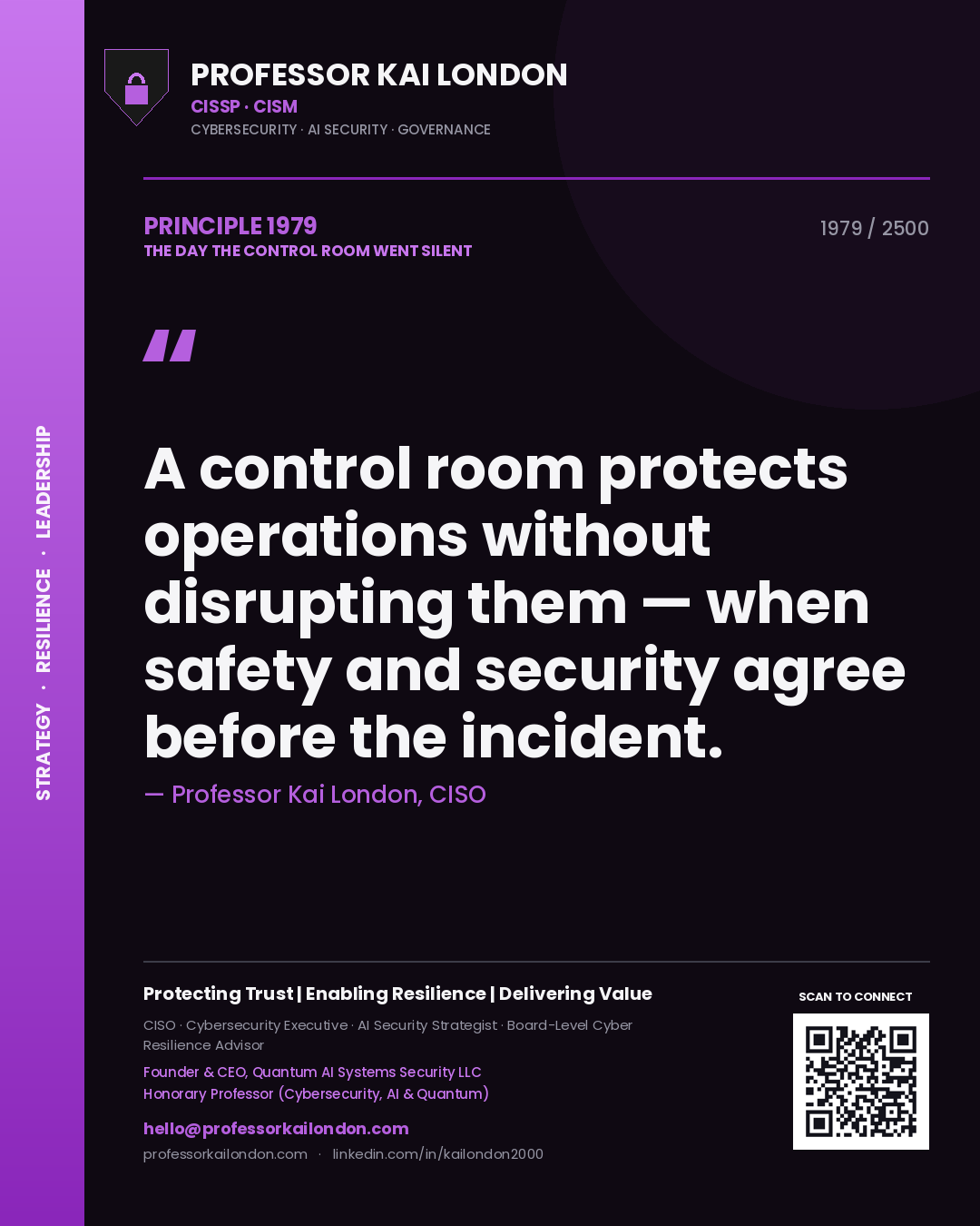Professor Kai London principle 1979: A control room protects operations without disrupting them — when safety and security agree before the incident.