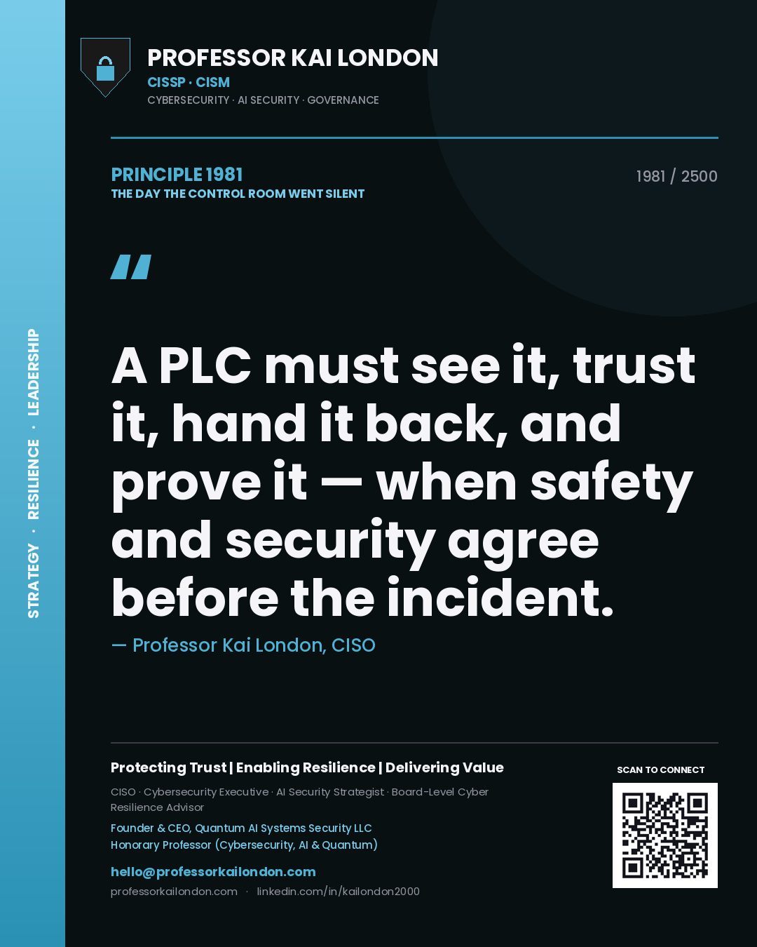 Professor Kai London principle 1981: A PLC must see it, trust it, hand it back, and prove it — when safety and security agree before the incident.