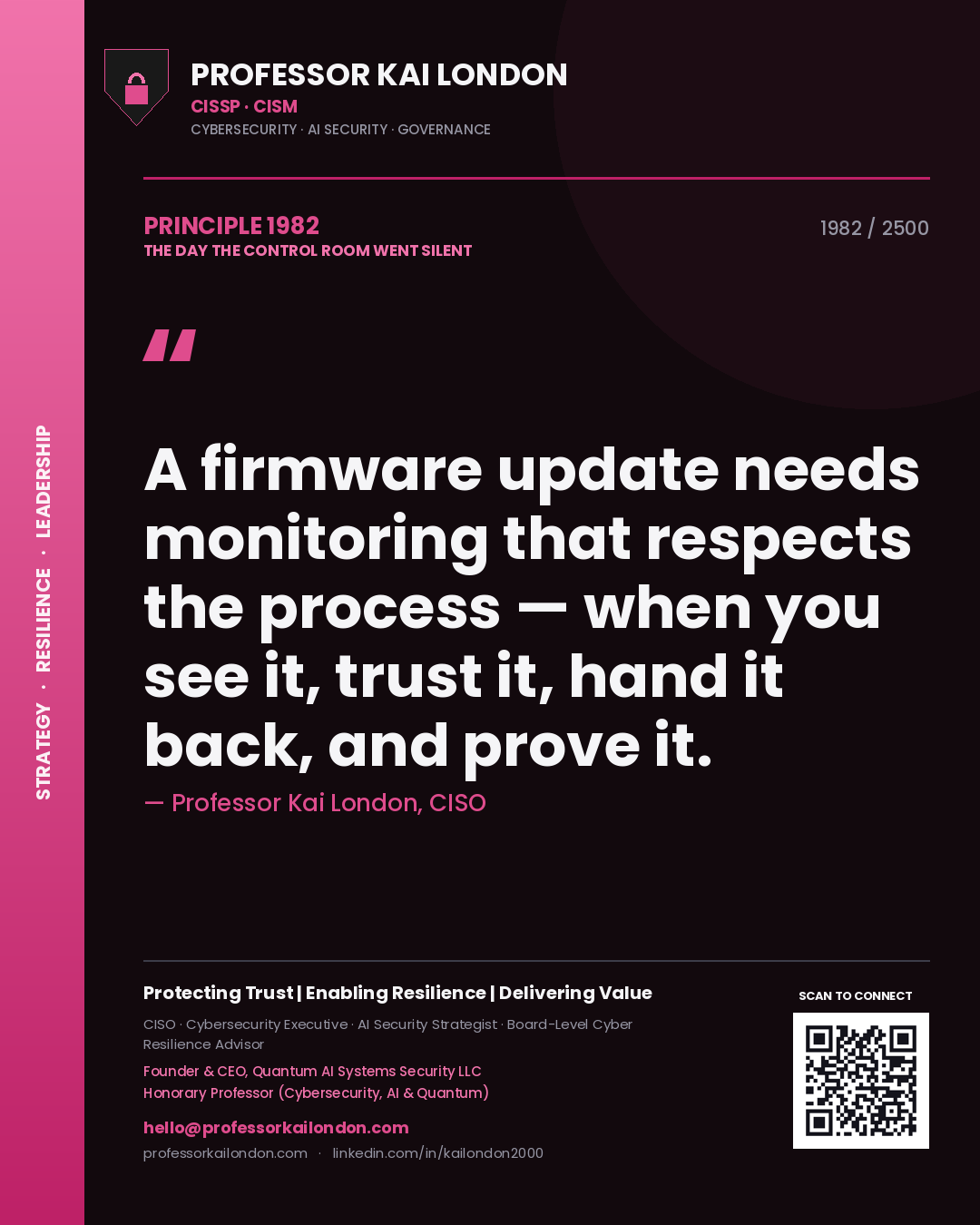 Professor Kai London principle 1982: A firmware update needs monitoring that respects the process — when you see it, trust it, hand it back, and prove it.