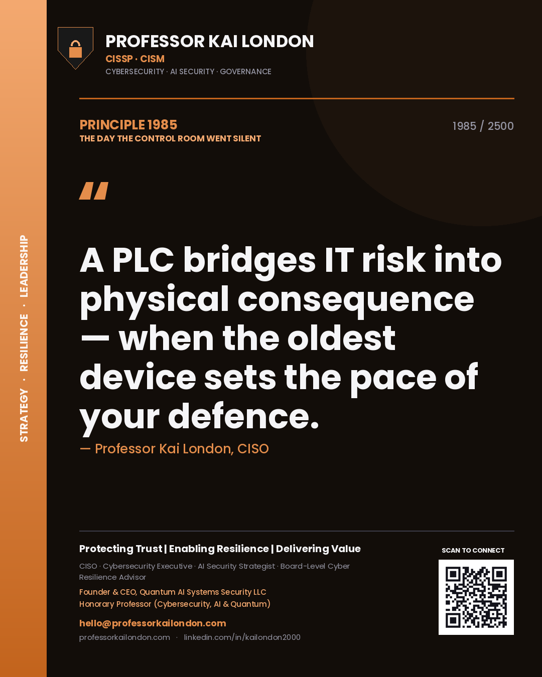 Quote card by Professor Kai London reading 'A PLC bridges IT risk into physical consequence — when the oldest device sets the pace of your defence.'. From the book The Day the Control Room Went Silent.