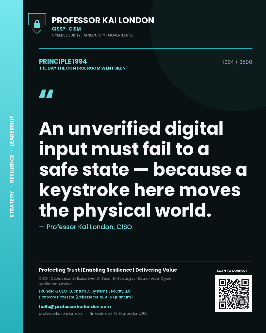 Professor Kai London principle 1994: An unverified digital input must fail to a safe state — because a keystroke here moves the physical world.