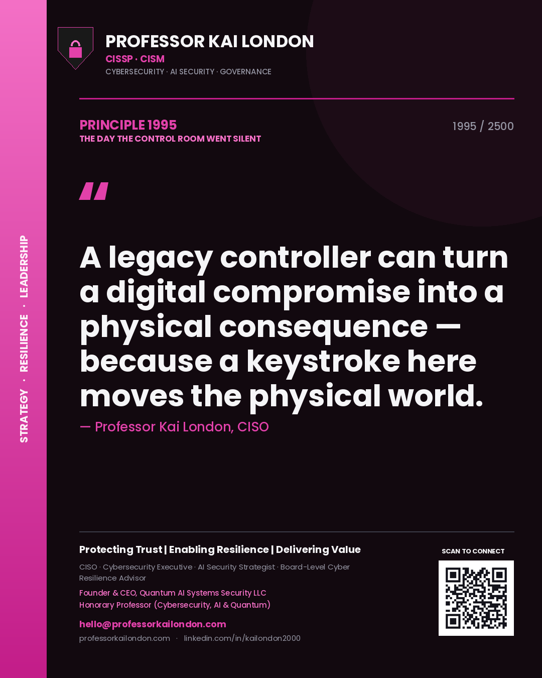 Quote card by Professor Kai London reading 'A legacy controller can turn a digital compromise into a physical consequence — because a keystroke here moves the physical world.'. From the book The Day the Control Room Went Silent.