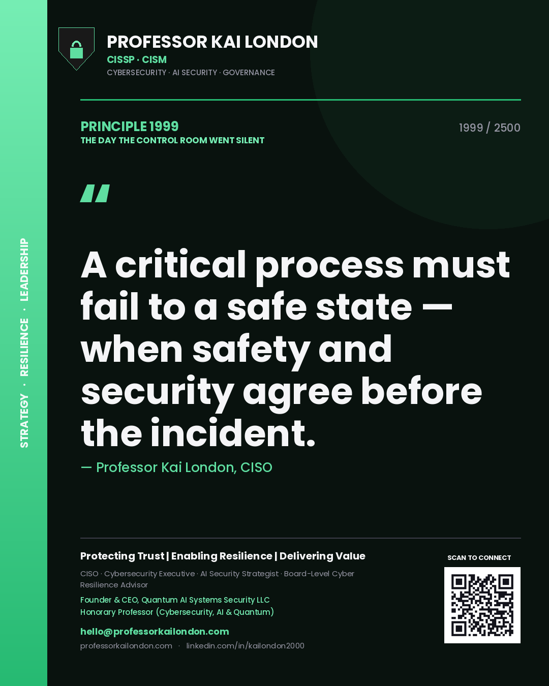Quote card by Professor Kai London reading 'A critical process must fail to a safe state — when safety and security agree before the incident.'. From the book The Day the Control Room Went Silent.