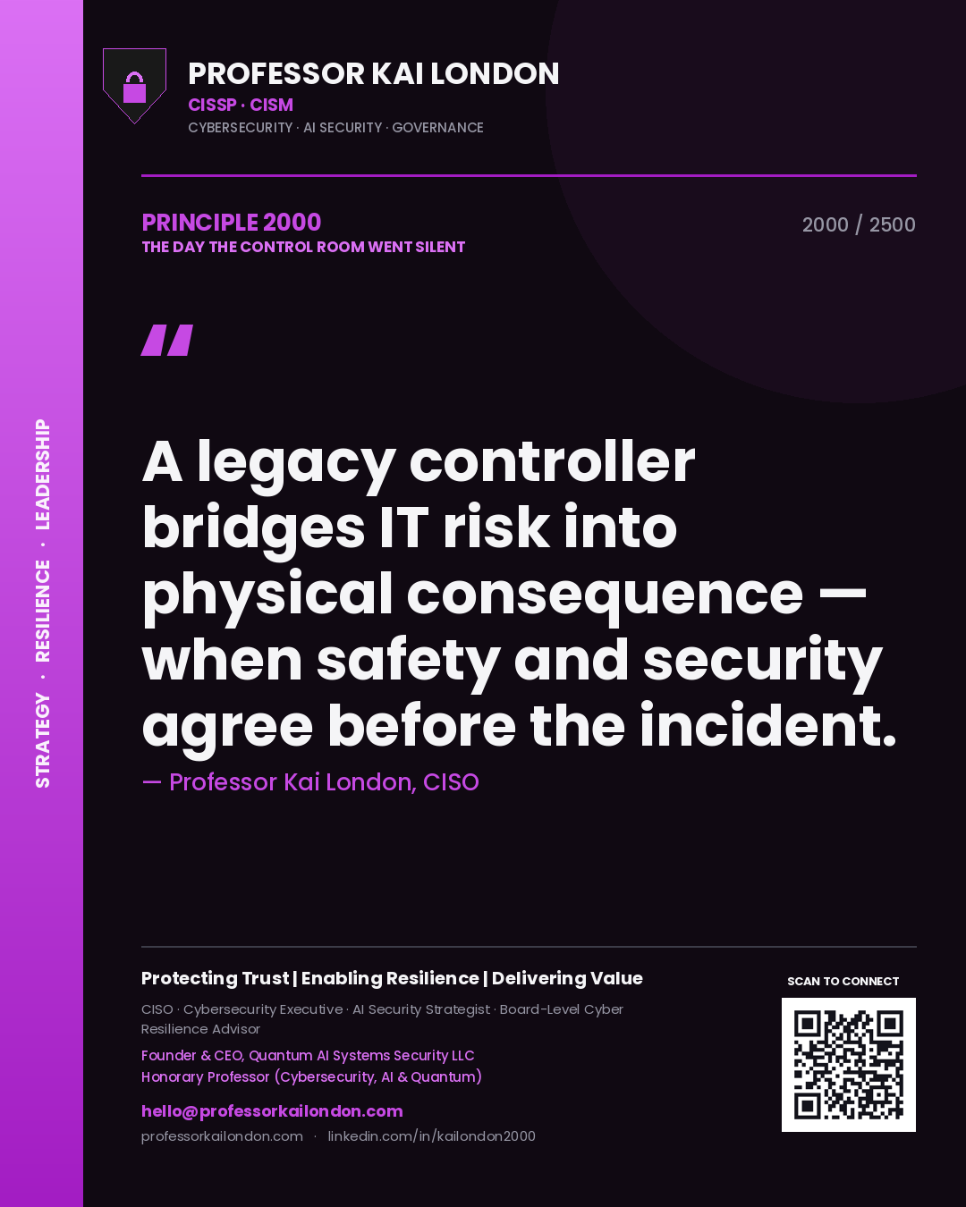 Professor Kai London principle 2000: A legacy controller bridges IT risk into physical consequence — when safety and security agree before the incident.