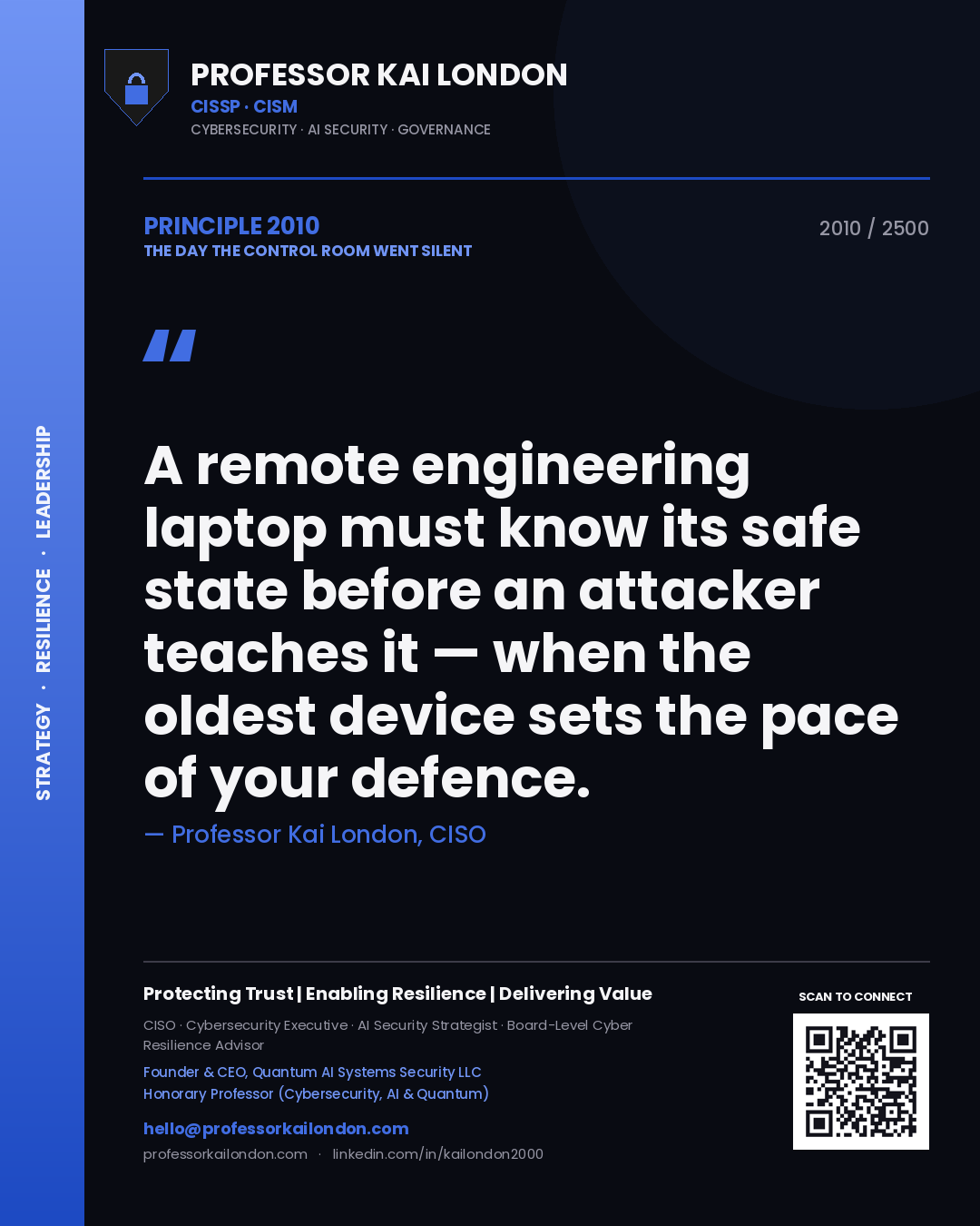 Quote card by Professor Kai London reading 'A remote engineering laptop must know its safe state before an attacker teaches it — when the oldest device sets the pace of your defence.'. From the book The Day the Control Room Went Silent.