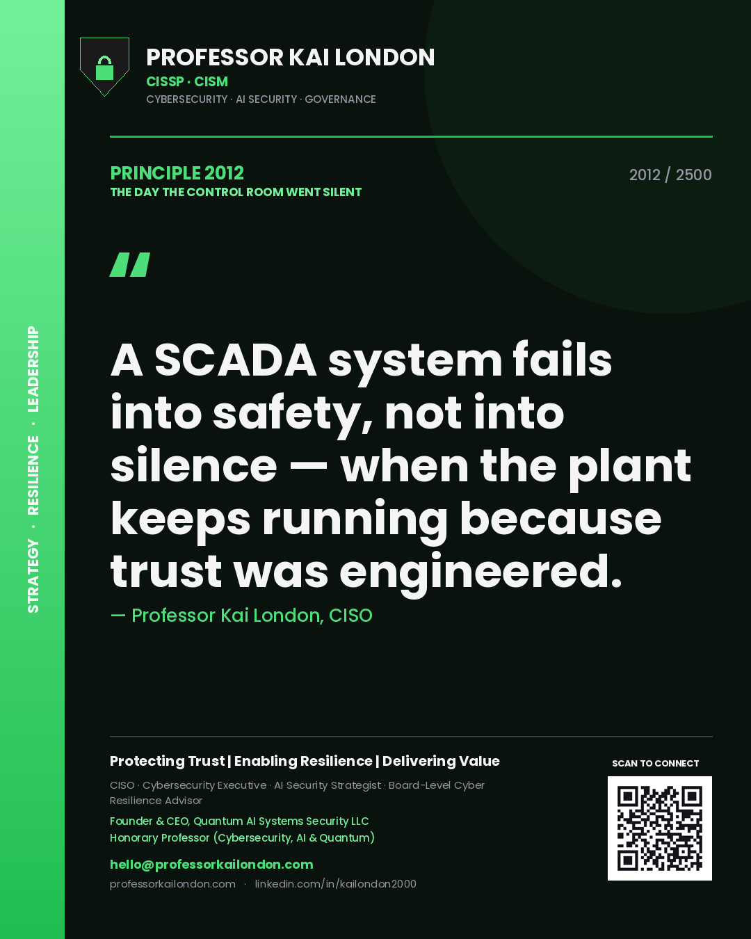 Quote card by Professor Kai London reading 'A SCADA system fails into safety, not into silence — when the plant keeps running because trust was engineered.'. From the book The Day the Control Room Went Silent.