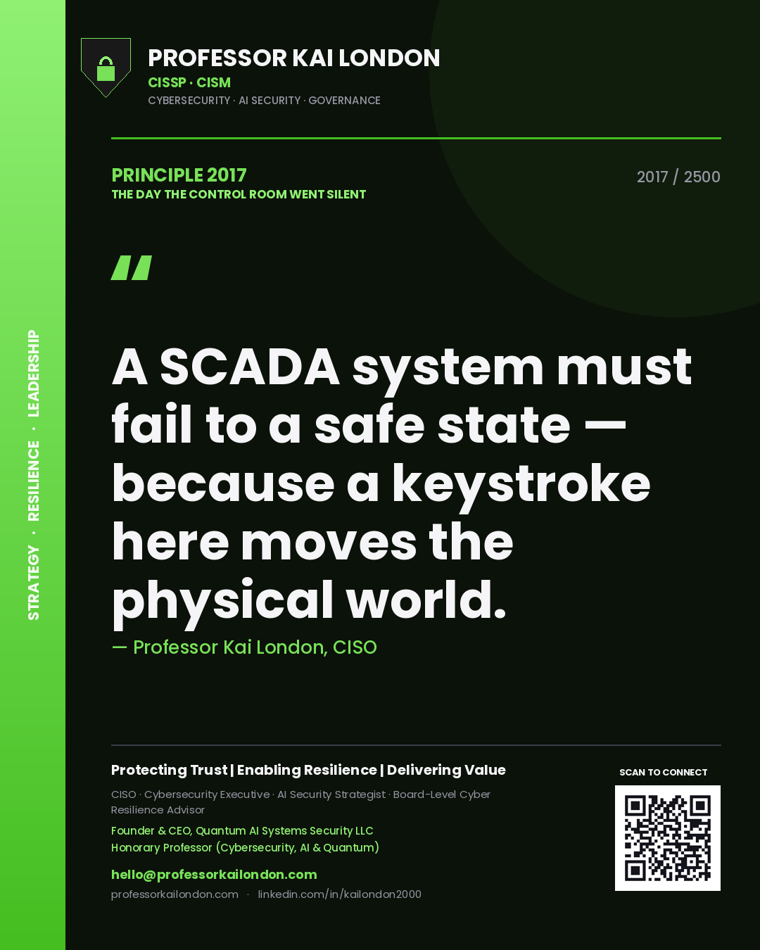 Quote card by Professor Kai London reading 'A SCADA system must fail to a safe state — because a keystroke here moves the physical world.'. From the book The Day the Control Room Went Silent.