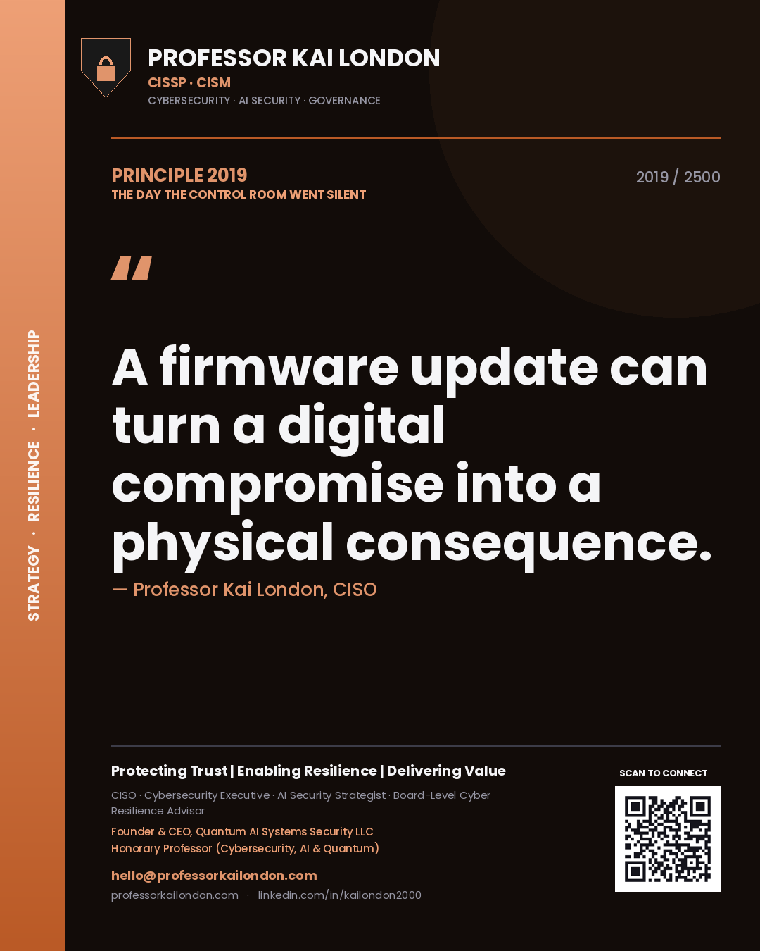 Quote card by Professor Kai London reading 'A firmware update can turn a digital compromise into a physical consequence.'. From the book The Day the Control Room Went Silent.