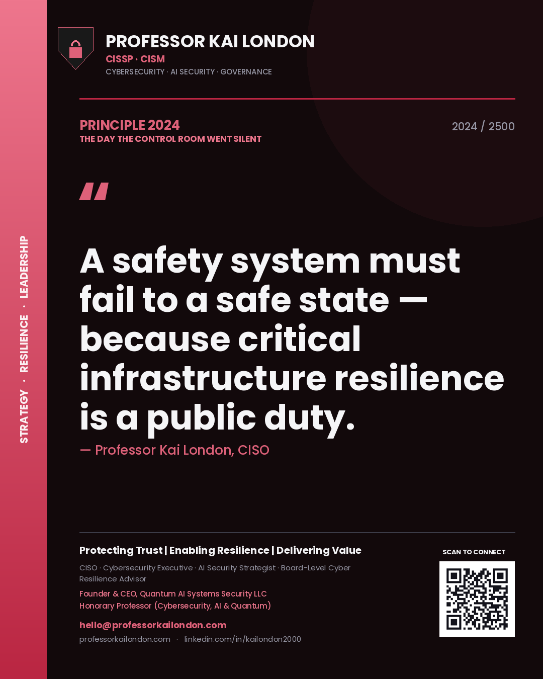 Quote card by Professor Kai London reading 'A safety system must fail to a safe state — because critical infrastructure resilience is a public duty.'. From the book The Day the Control Room Went Silent.