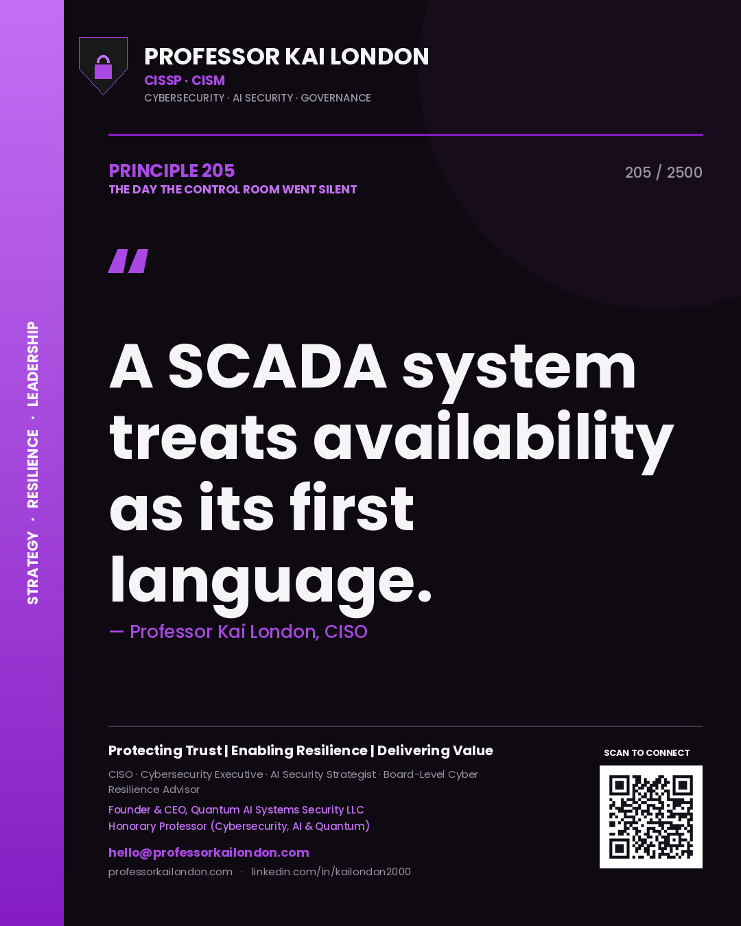 Quote card by Professor Kai London reading 'A SCADA system treats availability as its first language.'. From the book The Day the Control Room Went Silent.