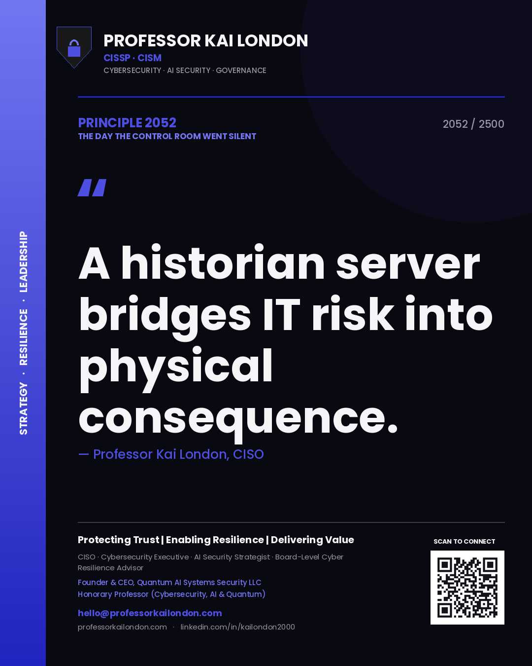 Quote card by Professor Kai London reading 'A historian server bridges IT risk into physical consequence.'. From the book The Day the Control Room Went Silent.