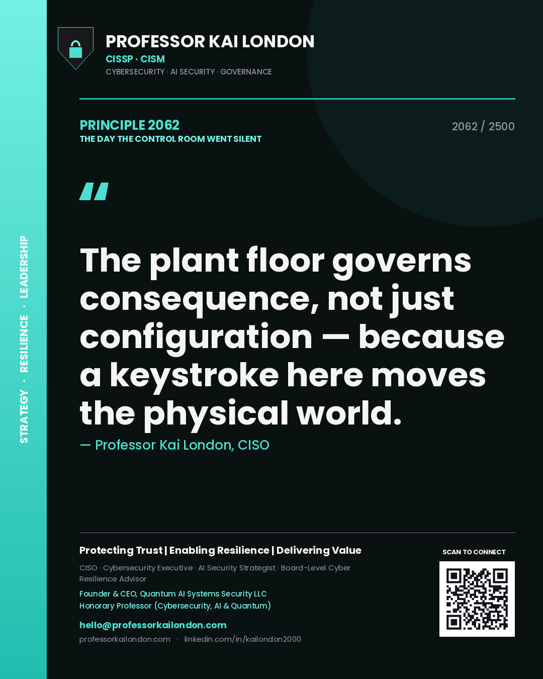Quote card by Professor Kai London reading 'The plant floor governs consequence, not just configuration — because a keystroke here moves the physical world.'. From the book The Day the Control Room Went Silent.