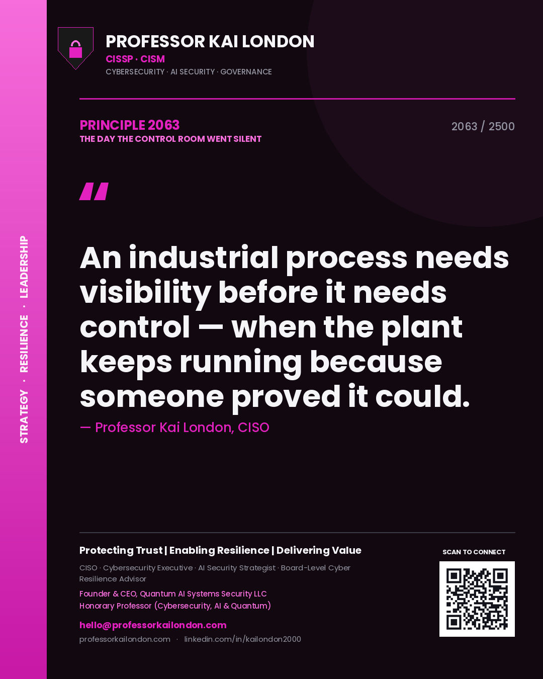 Quote card by Professor Kai London reading 'An industrial process needs visibility before it needs control — when the plant keeps running because someone proved it could.'. From the book The Day the Control Room Went Silent.