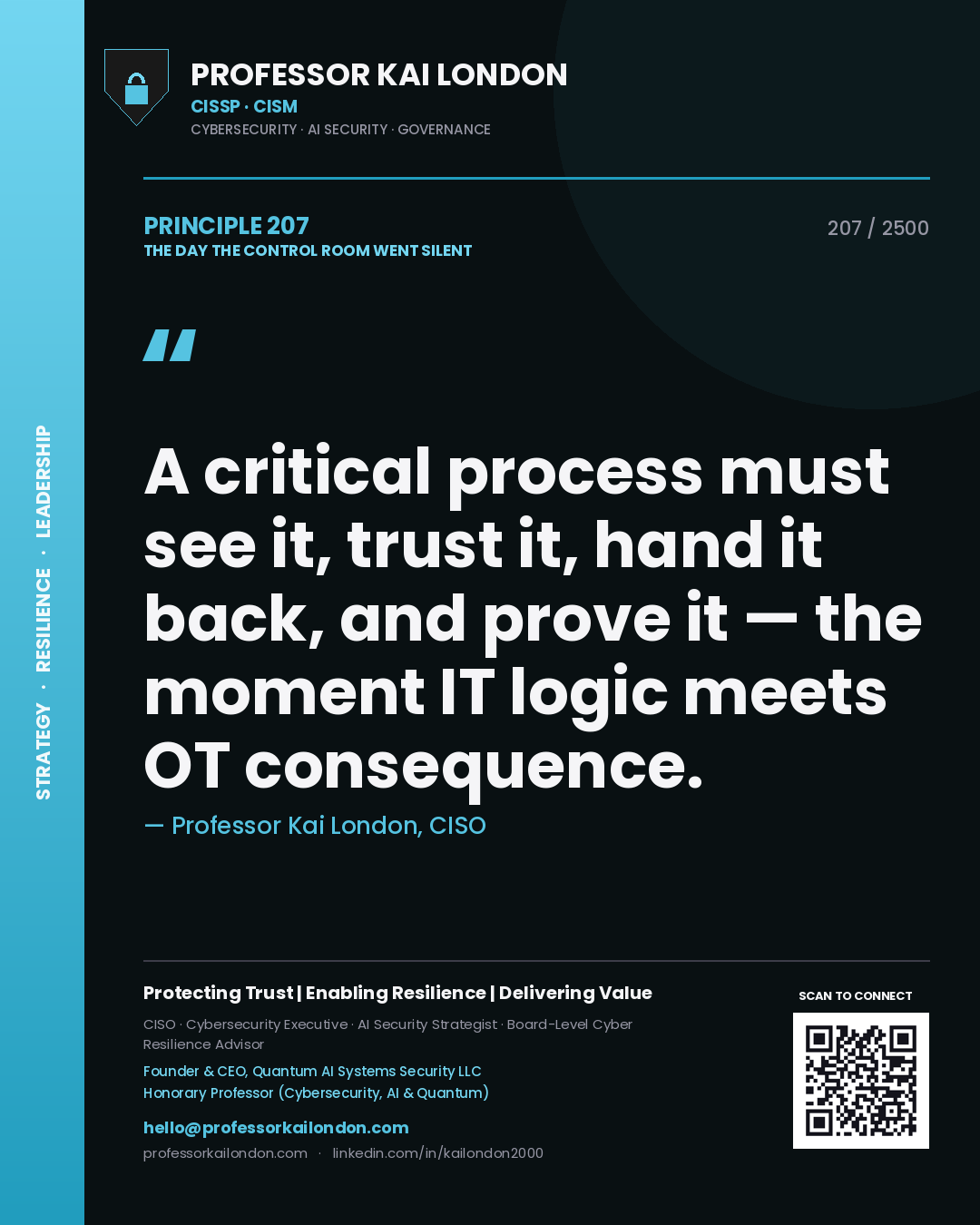 Professor Kai London principle 207: A critical process must see it, trust it, hand it back, and prove it — the moment IT logic meets OT consequence.