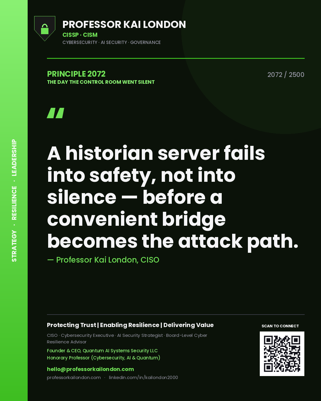 Quote card by Professor Kai London reading 'A historian server fails into safety, not into silence — before a convenient bridge becomes the attack path.'. From the book The Day the Control Room Went Silent.