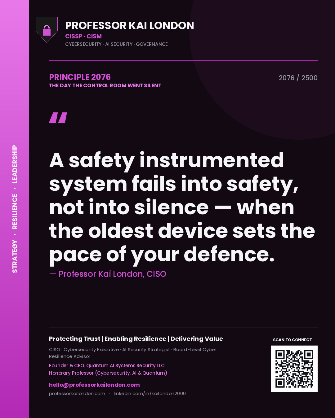 Quote card by Professor Kai London reading 'A safety instrumented system fails into safety, not into silence — when the oldest device sets the pace of your defence.'. From the book The Day the Control Room Went Silent.