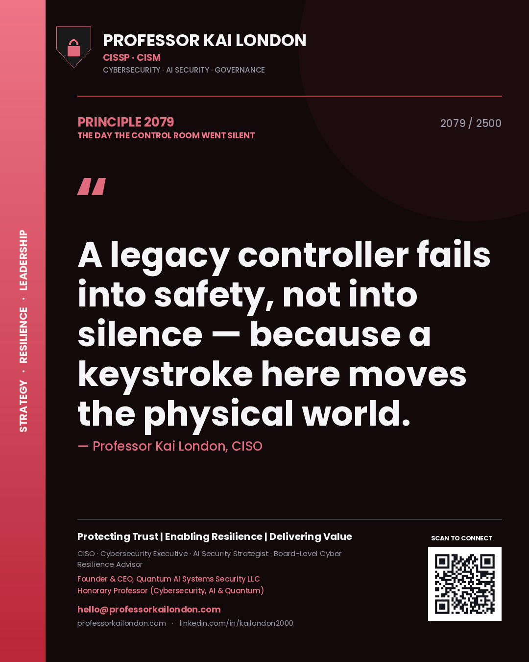 Quote card by Professor Kai London reading 'A legacy controller fails into safety, not into silence — because a keystroke here moves the physical world.'. From the book The Day the Control Room Went Silent.