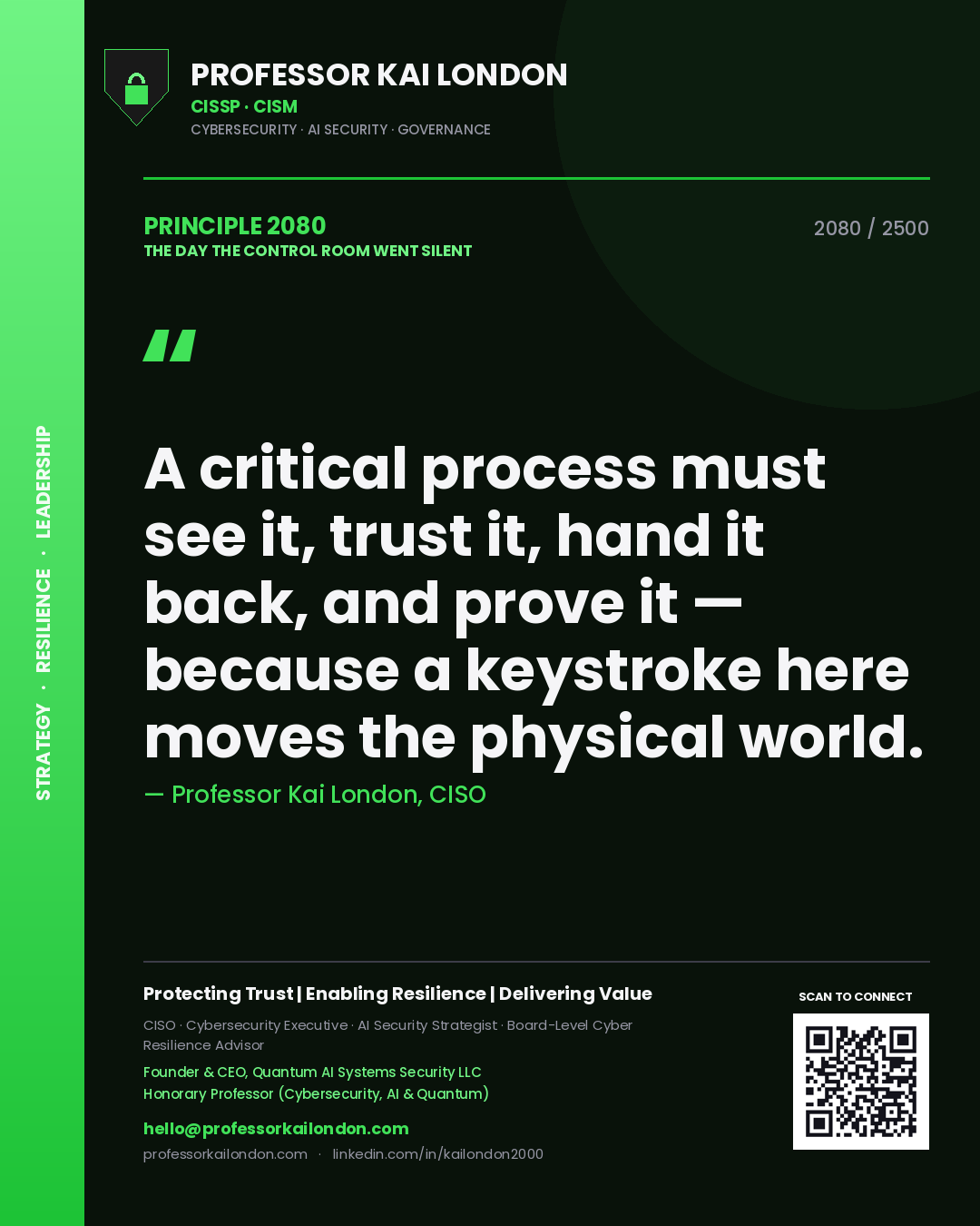 Quote card by Professor Kai London reading 'A critical process must see it, trust it, hand it back, and prove it — because a keystroke here moves the physical world.'. From the book The Day the Control Room Went Silent.