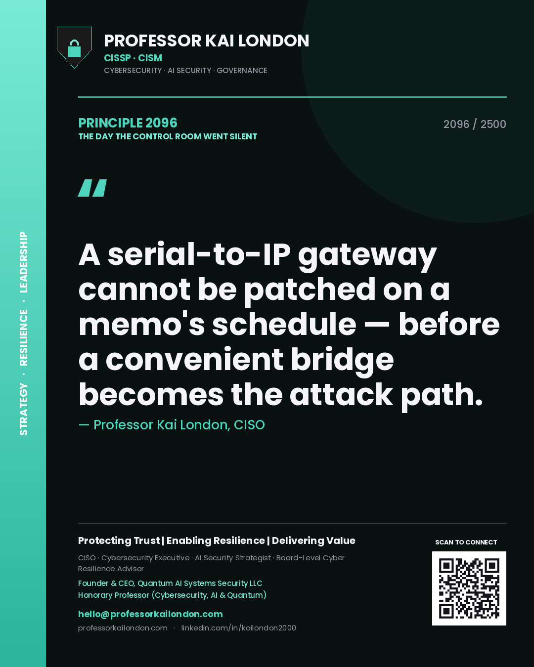 Quote card by Professor Kai London reading 'A serial-to-IP gateway cannot be patched on a memo's schedule — before a convenient bridge becomes the attack path.'. From the book The Day the Control Room Went Silent.