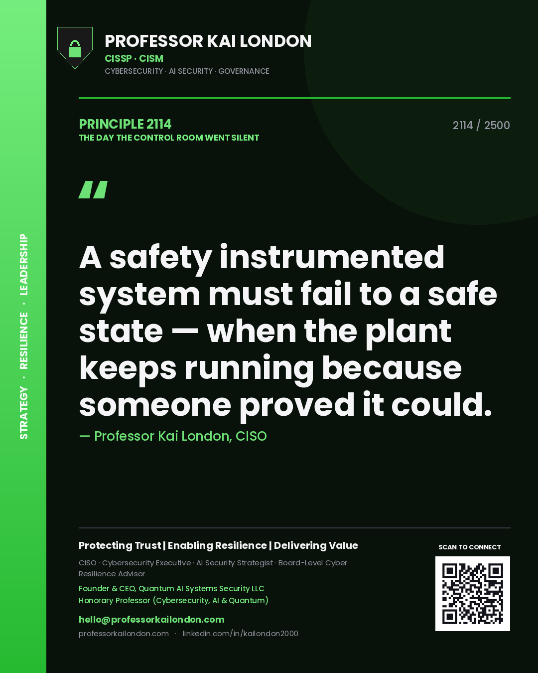Quote card by Professor Kai London reading 'A safety instrumented system must fail to a safe state — when the plant keeps running because someone proved it could.'. From the book The Day the Control Room Went Silent.