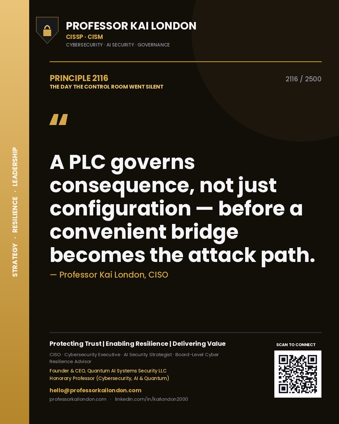Professor Kai London principle 2116: A PLC governs consequence, not just configuration — before a convenient bridge becomes the attack path.
