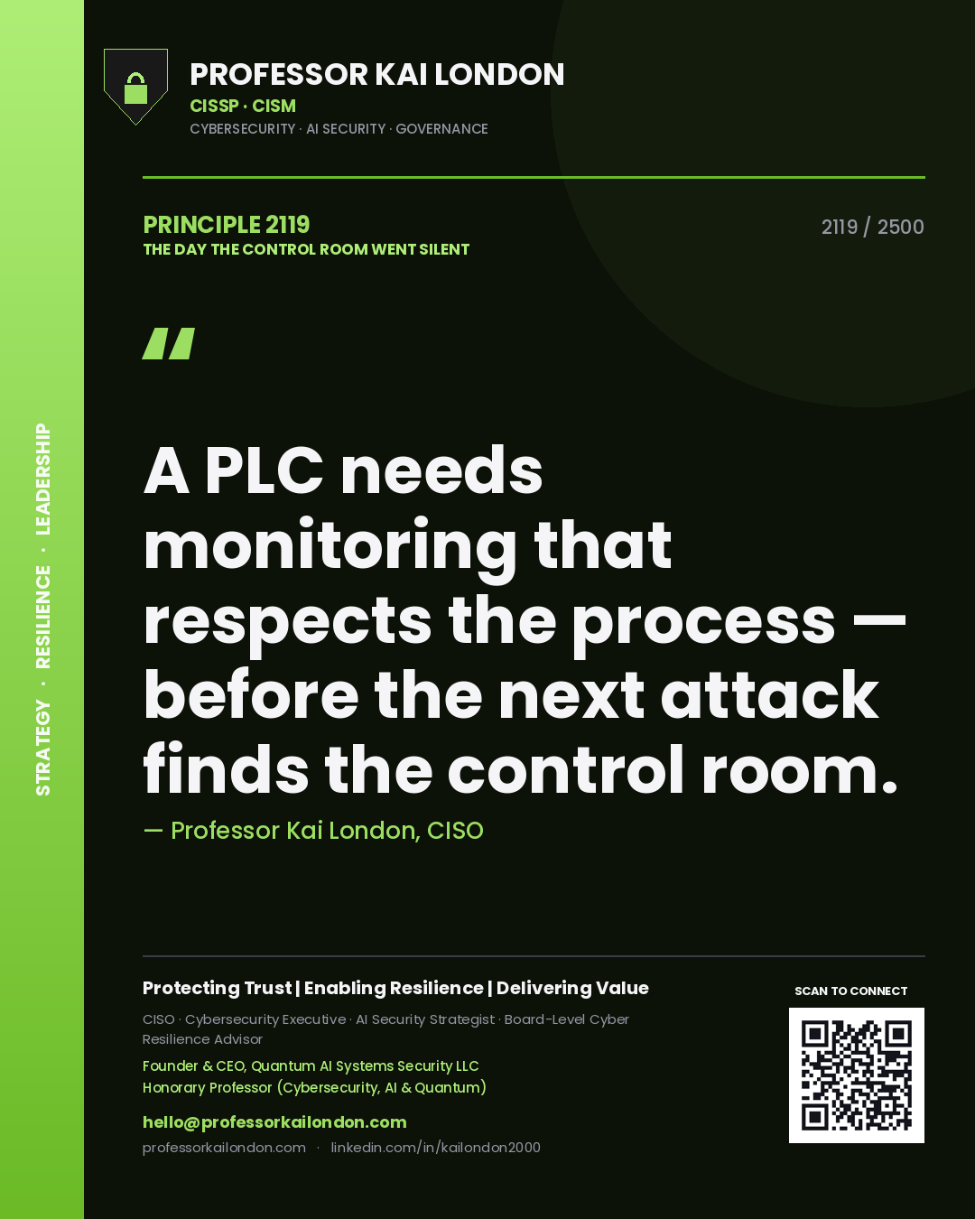 Professor Kai London principle 2119: A PLC needs monitoring that respects the process — before the next attack finds the control room.