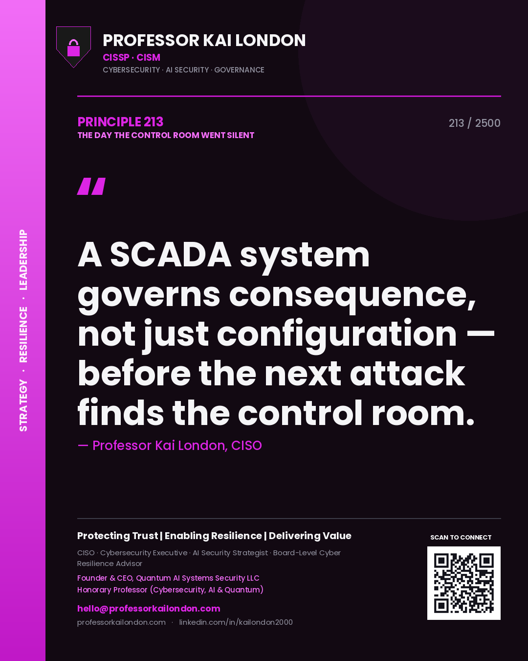 Quote card by Professor Kai London reading 'A SCADA system governs consequence, not just configuration — before the next attack finds the control room.'. From the book The Day the Control Room Went Silent.