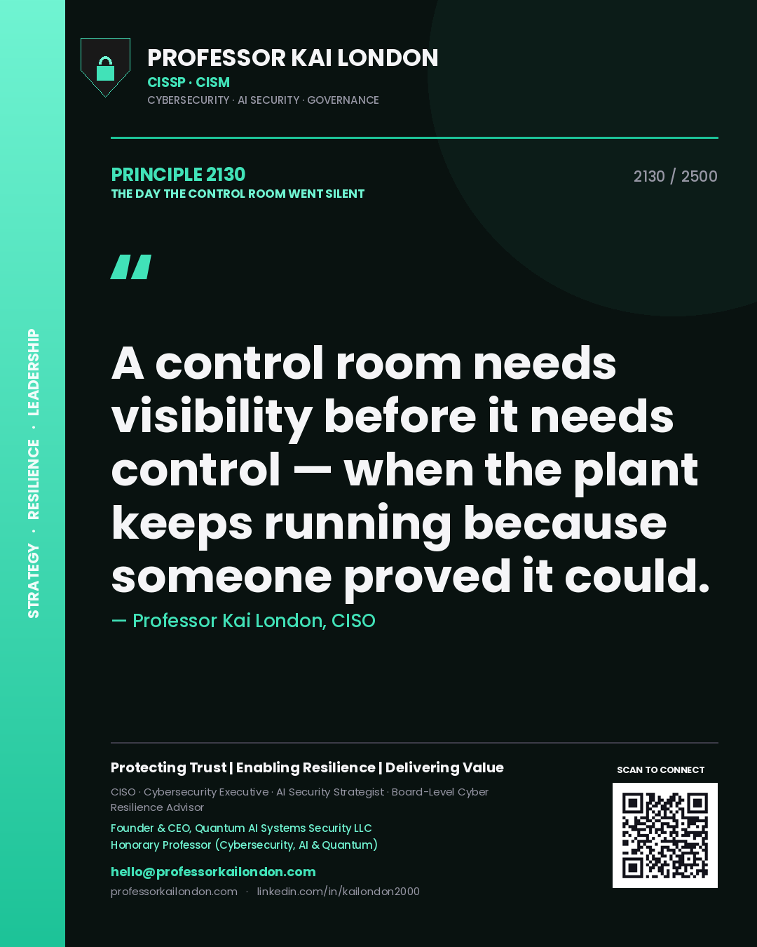 Professor Kai London principle 2130: A control room needs visibility before it needs control — when the plant keeps running because someone proved it could.