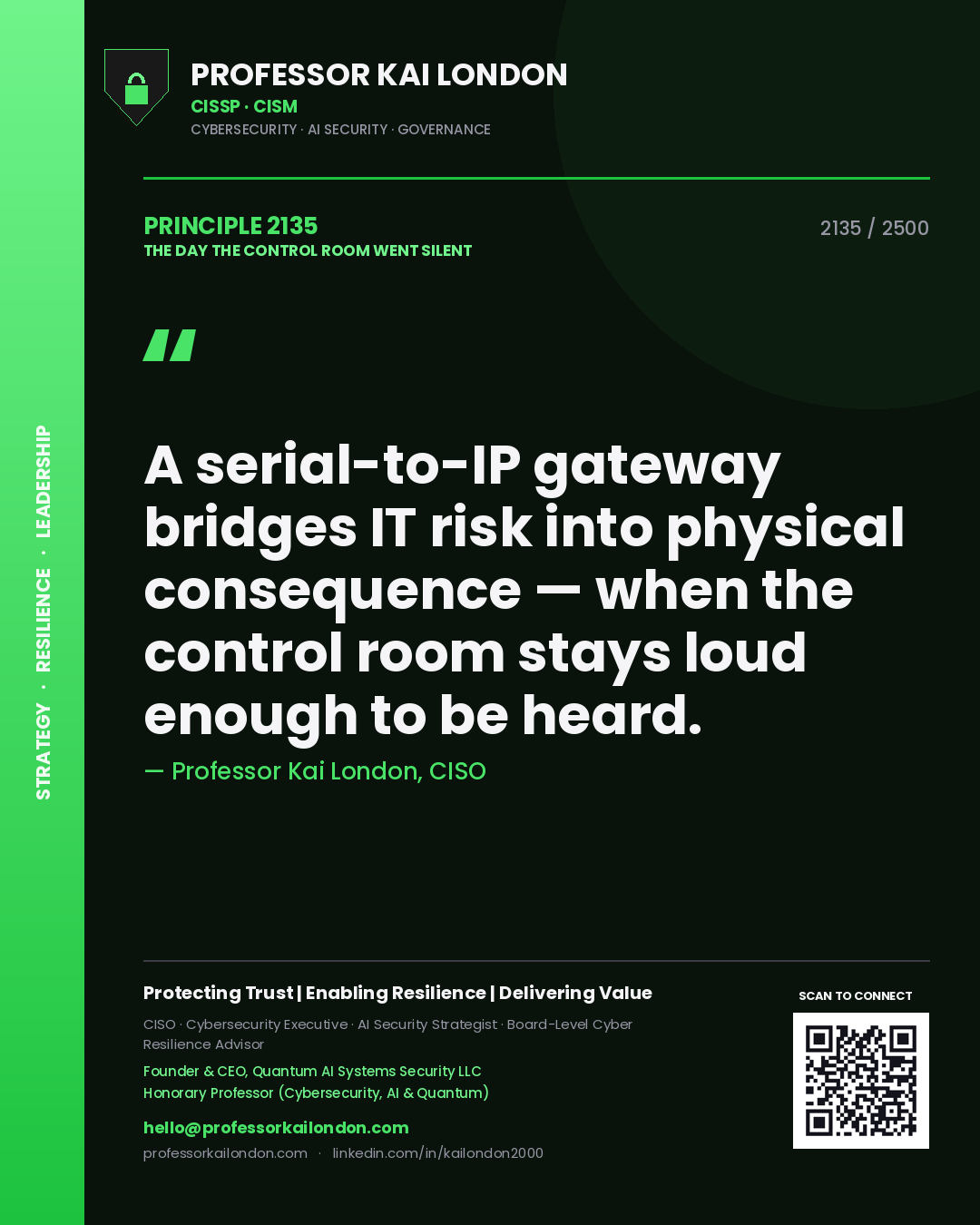 Quote card by Professor Kai London reading 'A serial-to-IP gateway bridges IT risk into physical consequence — when the control room stays loud enough to be heard.'. From the book The Day the Control Room Went Silent.