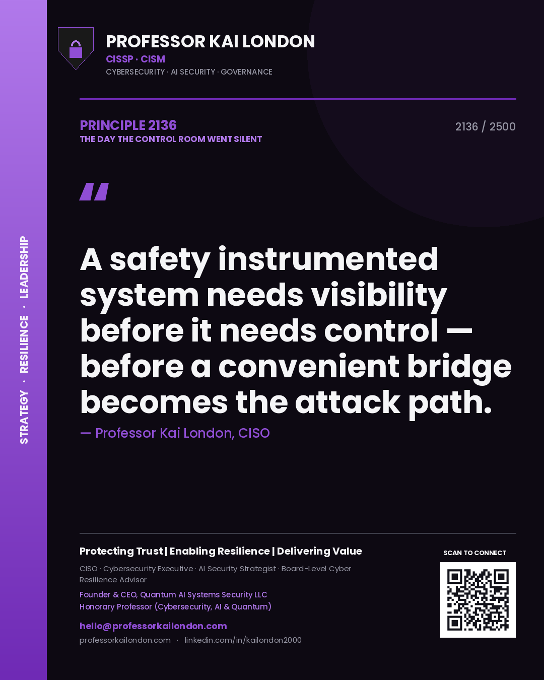 Quote card by Professor Kai London reading 'A safety instrumented system needs visibility before it needs control — before a convenient bridge becomes the attack path.'. From the book The Day the Control Room Went Silent.