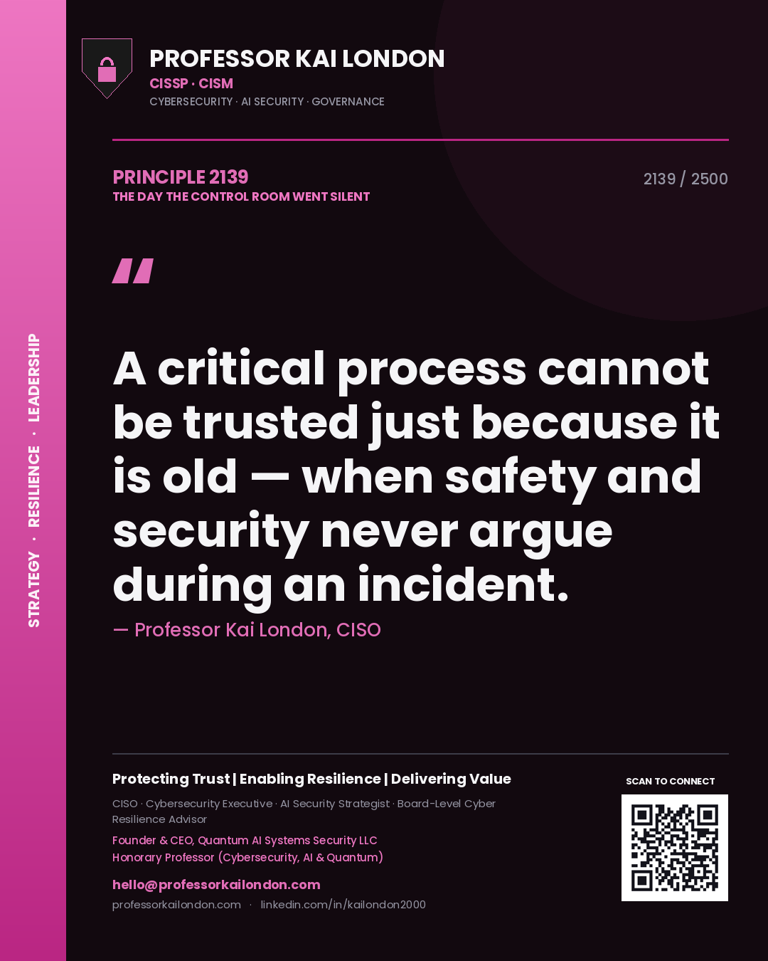 Quote card by Professor Kai London reading 'A critical process cannot be trusted just because it is old — when safety and security never argue during an incident.'. From the book The Day the Control Room Went Silent.