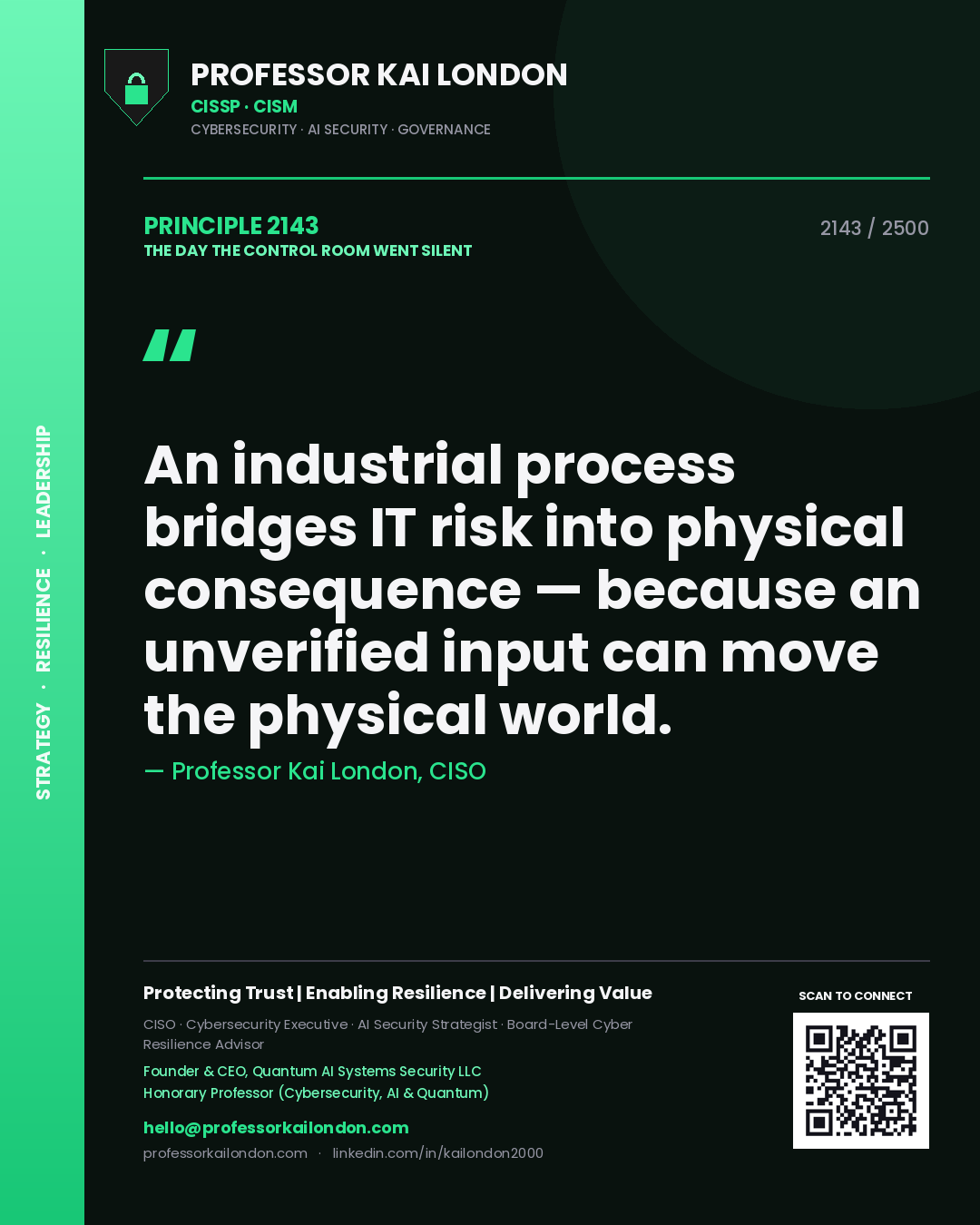 Professor Kai London principle 2143: An industrial process bridges IT risk into physical consequence — because an unverified input can move the physical world.