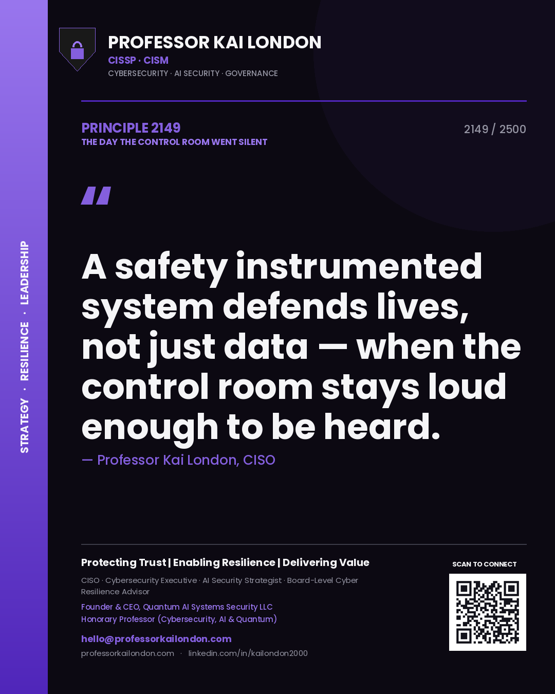 Quote card by Professor Kai London reading 'A safety instrumented system defends lives, not just data — when the control room stays loud enough to be heard.'. From the book The Day the Control Room Went Silent.
