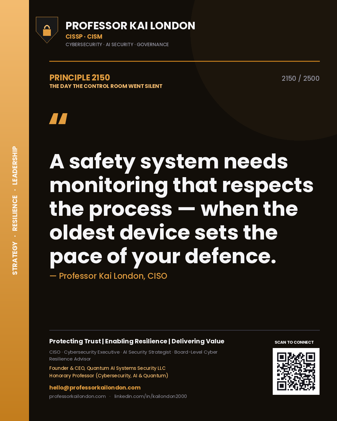Professor Kai London principle 2150: A safety system needs monitoring that respects the process — when the oldest device sets the pace of your defence.